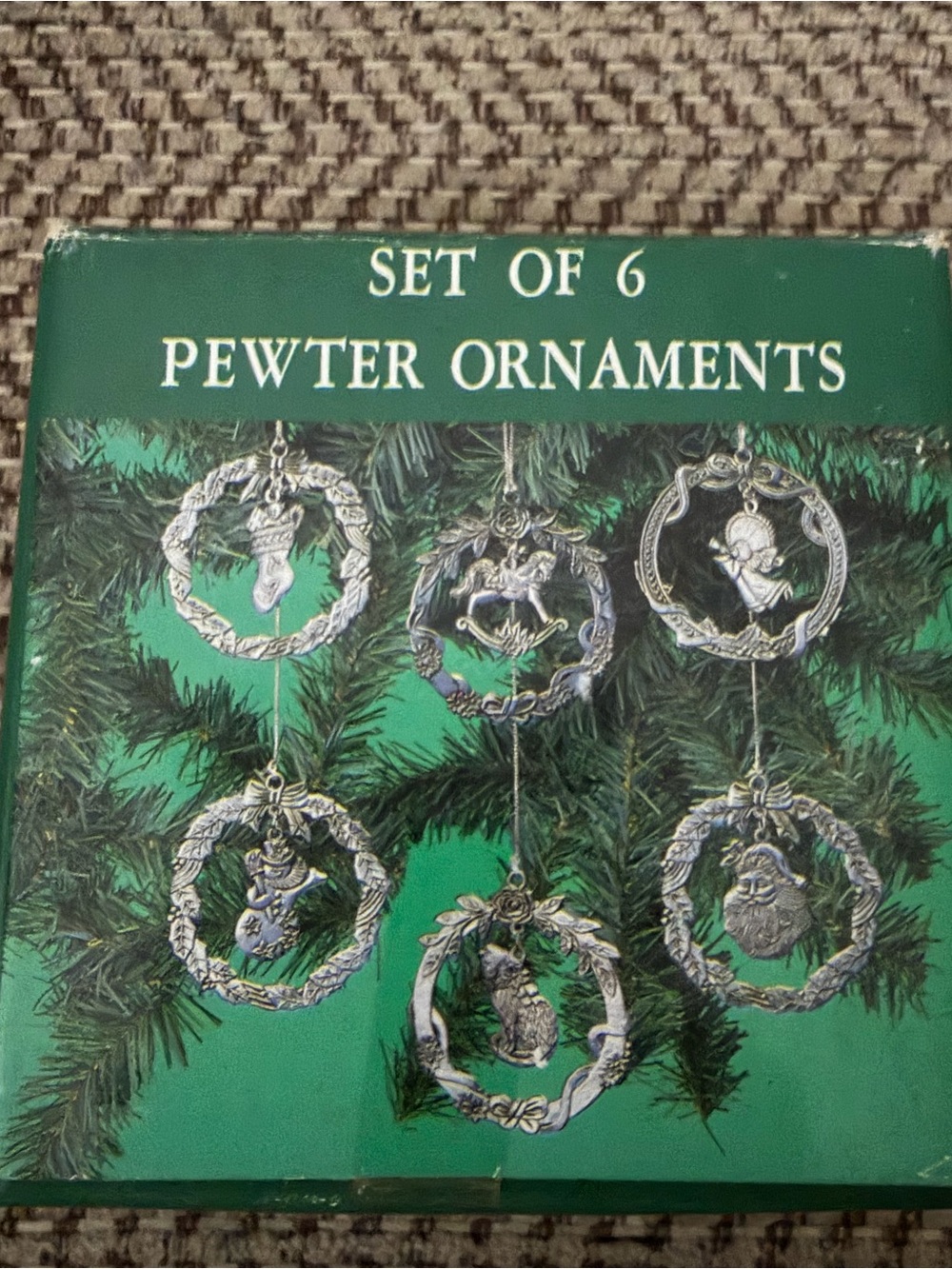 Vintage Set 6 Pewter Wreath Christmas Ornaments 3" Holiday Decor England Country